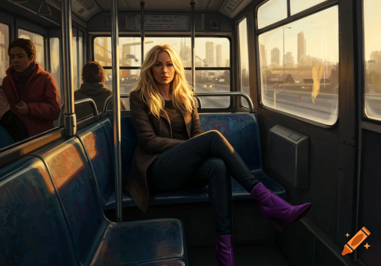 A blonde woman in a brown jacket and purple boots sits on a bus looking at the viewer, with a city visible outside the windows.