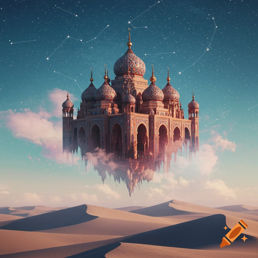 An ornate, fantastical palace floats on clouds above a desert landscape under a starry night sky with constellations.
