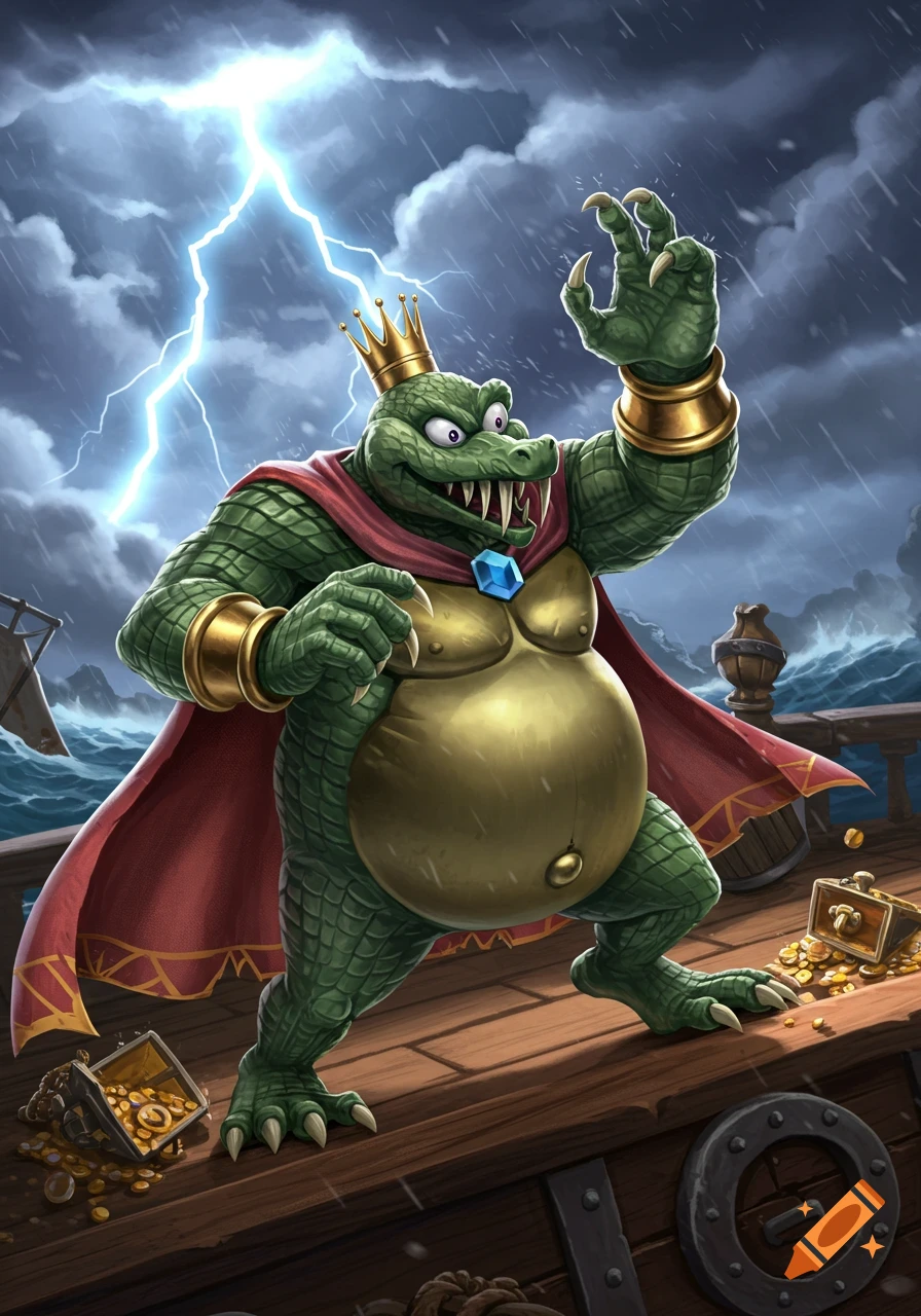 King K. Rool, a large green crocodile king in a red cape and gold armor, stands on a stormy ship deck with lightning.
