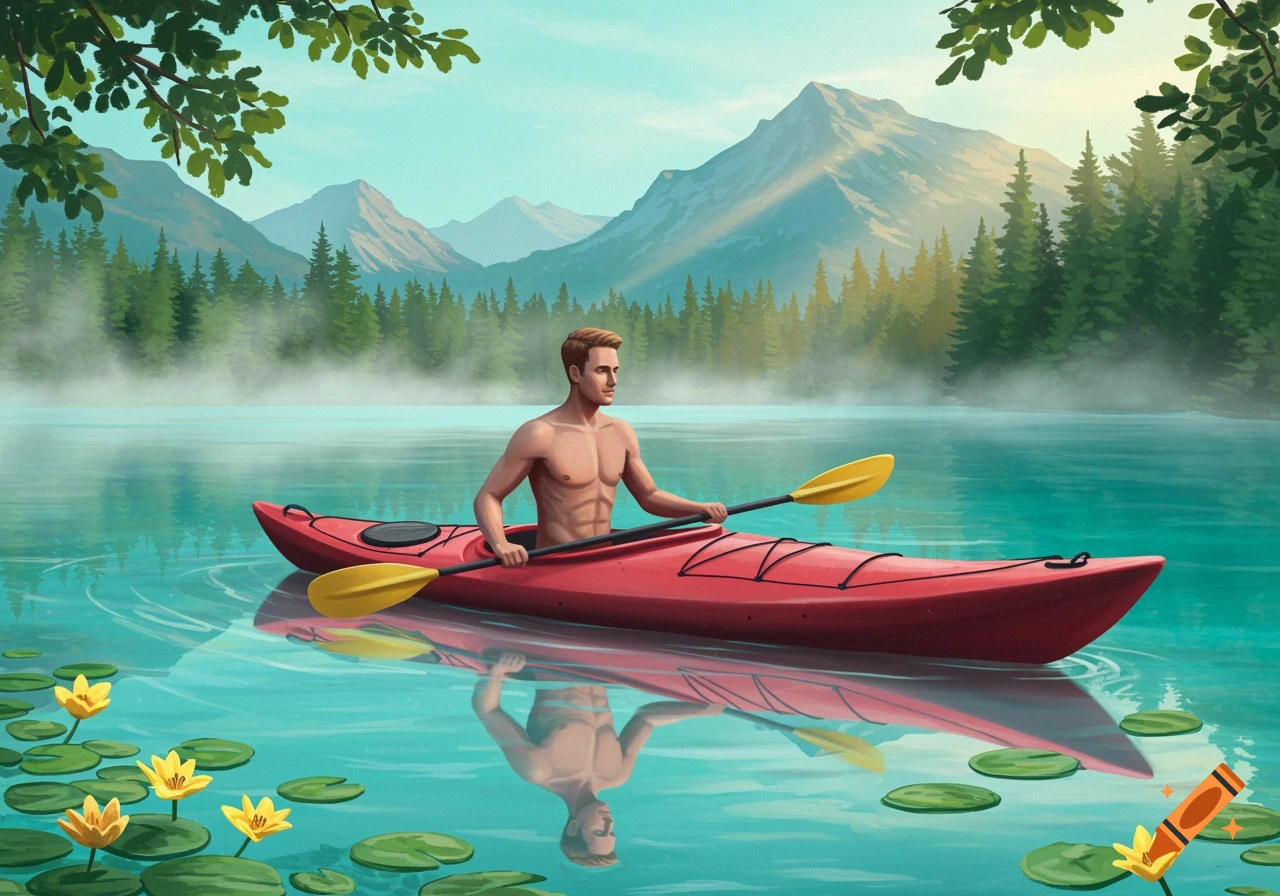 A man in a red kayak paddles on a calm lake surrounded by misty mountains and green trees, with lily pads in the foreground.