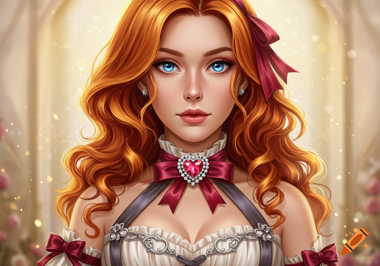 A detailed digital art portrait of a redheaded woman with bright blue eyes, wavy hair, wearing a white and burgundy dress with a heart-shaped jewel.