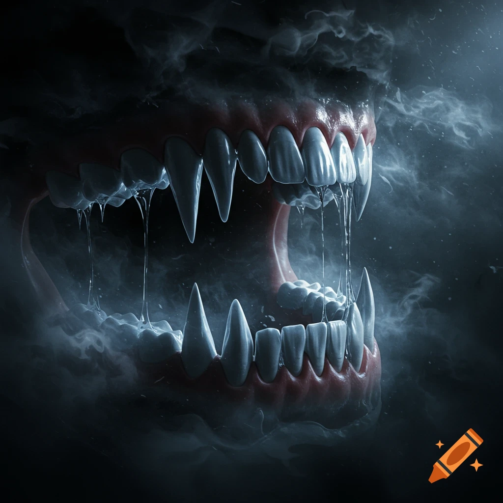 Close-up of a monstrous mouth with long, sharp fangs, dripping liquid, and surrounded by smoke in a dark, eerie setting.