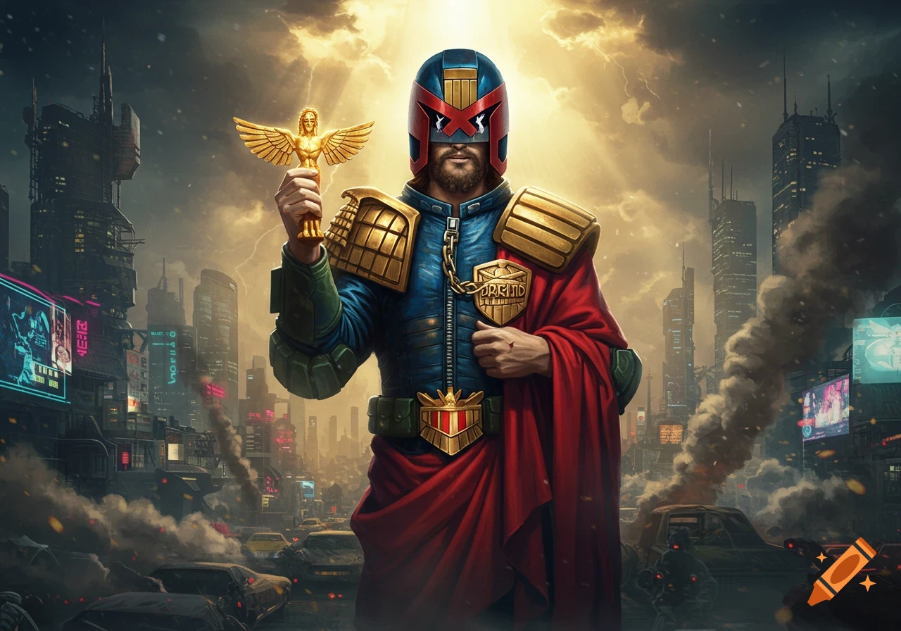 A bearded man resembling Jesus wears a Judge Dredd helmet and futuristic armor with a red cape, holding a golden winged statue in a dystopian city with smoking vehicles.