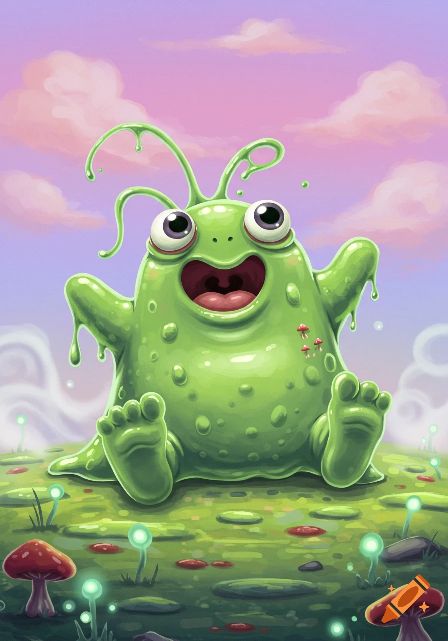 A happy, cartoon green blob monster with big eyes and a wide mouth sits in a vibrant landscape with glowing mushrooms under a pink sky.