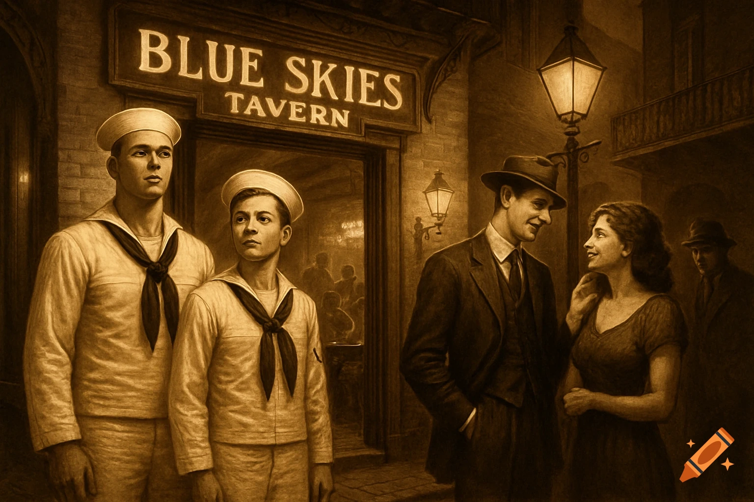 Sepia-toned illustration of two sailors standing outside 'Blue Skies Tavern' at night, while a man and woman flirt nearby in a 1916 New Orleans French Quarter setting.