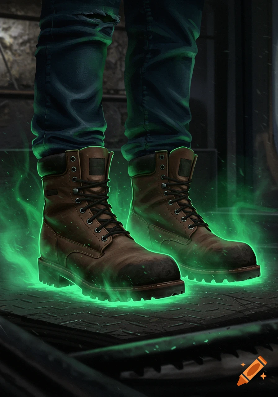 A pair of brown work boots with glowing green energy emanating from their soles, worn with blue jeans, standing on a metal grate.