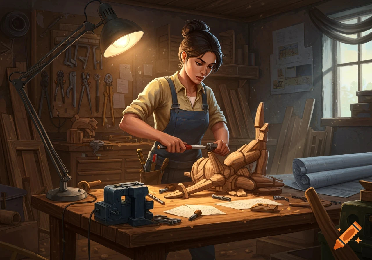 A woman in overalls works on a wooden sculpture with tools in a rustic workshop.
