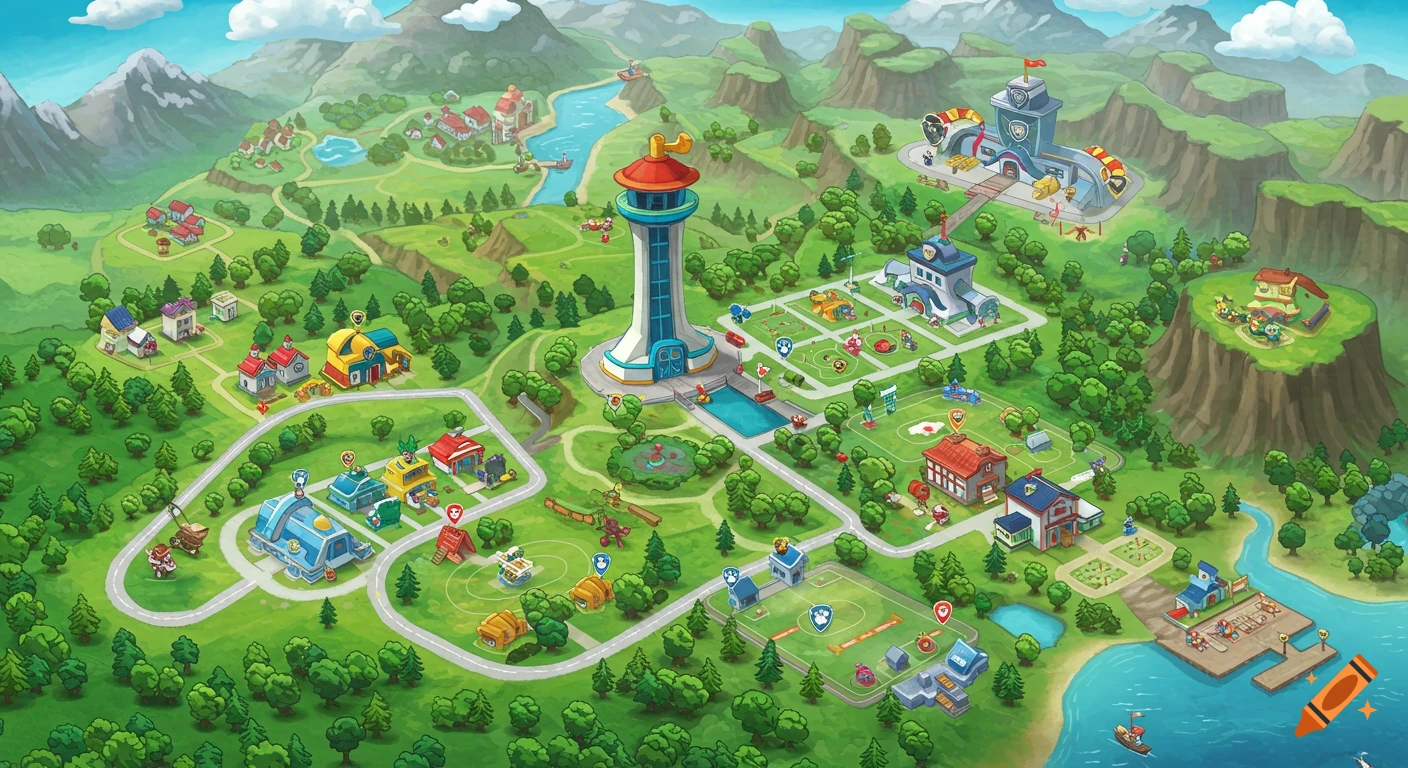 Cartoon map of a vibrant town with a central tower, buildings, roads, mountains, and a river, in a Paw Patrol style.