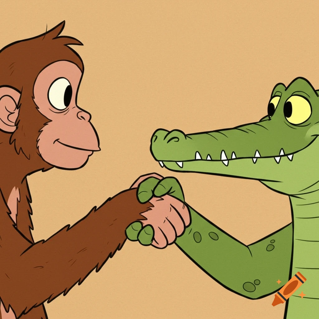 A cartoon monkey and crocodile smiling while shaking hands.
