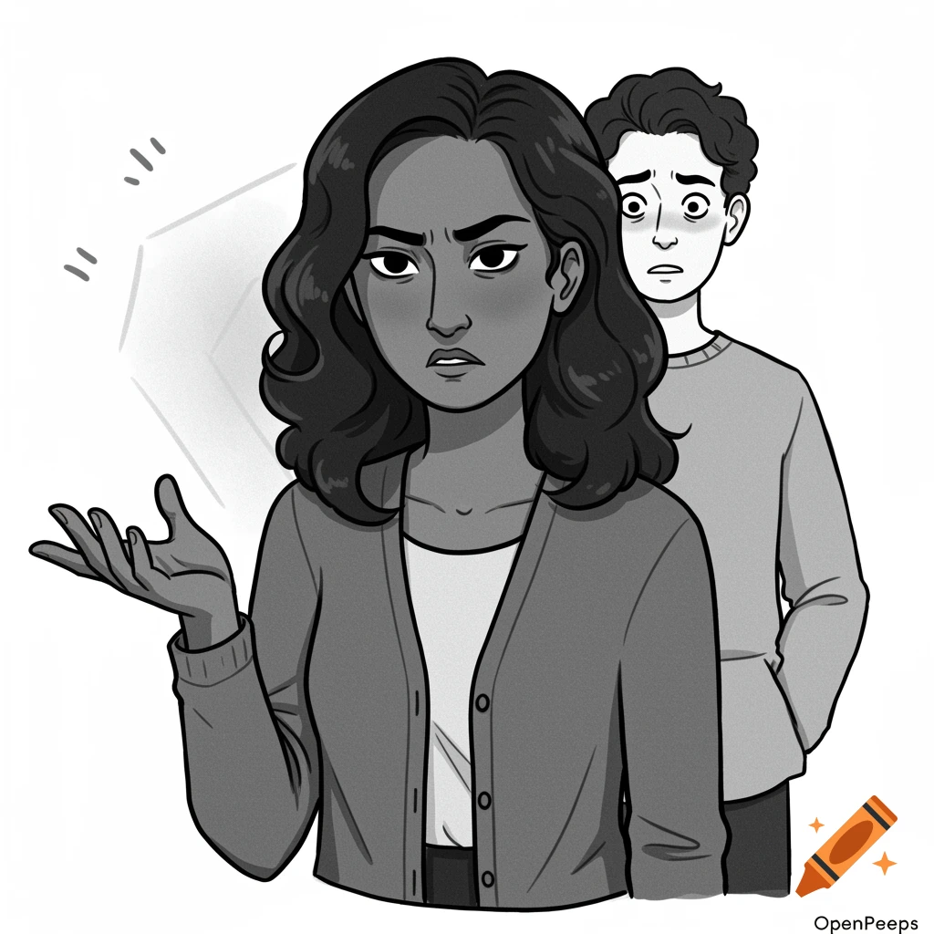 Black and white cartoon of a frustrated woman with her hand raised, and a surprised man behind her.