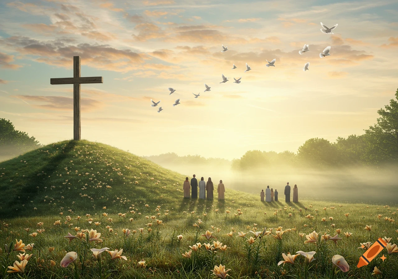 A wooden cross on a grassy hill at sunrise, with doves flying and people walking in a misty, flower-filled field, depicting a spiritual scene.