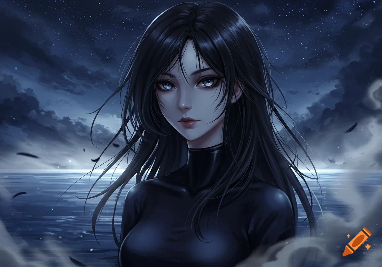 Anime girl with long dark hair and pale skin, wearing a black top, against a starry night sky over water.
