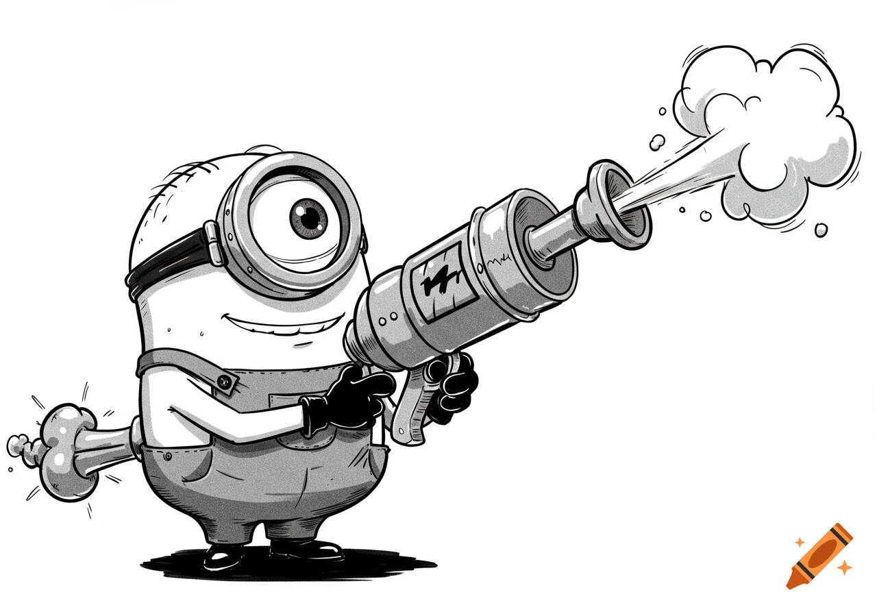 A black and white cartoon illustration of Kevin the Minion holding a smoking fart gun, with a small cloud of gas behind him.