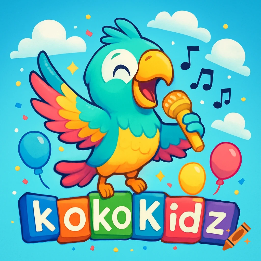 Colorful cartoon parrot singing into a microphone above 'kokoKidz' blocks, with balloons and musical notes.