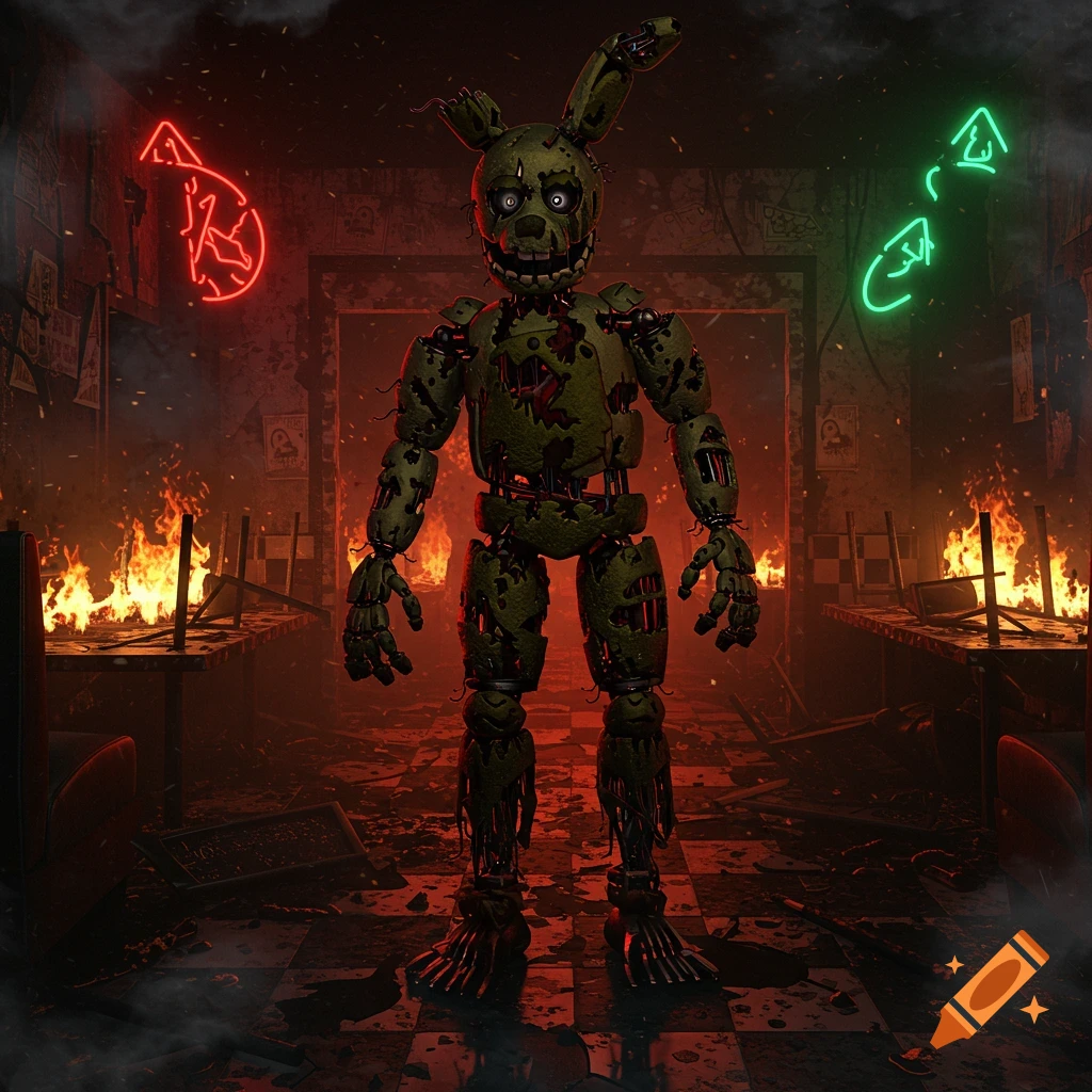 A photorealistic digital art image of Springtrap, a damaged animatronic rabbit, standing amidst fires in a burnt-down pizzeria.