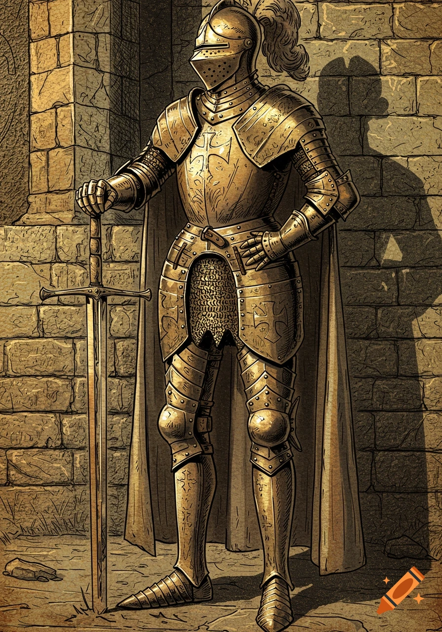 A full suit of golden knight armor, holding a sword, stands against a stone wall in the style of a brass rubbing.