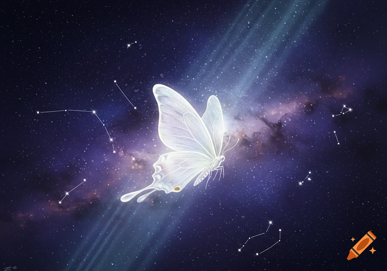 A luminous white butterfly flies through a dark blue starry galaxy with faint nebulae and constellations.