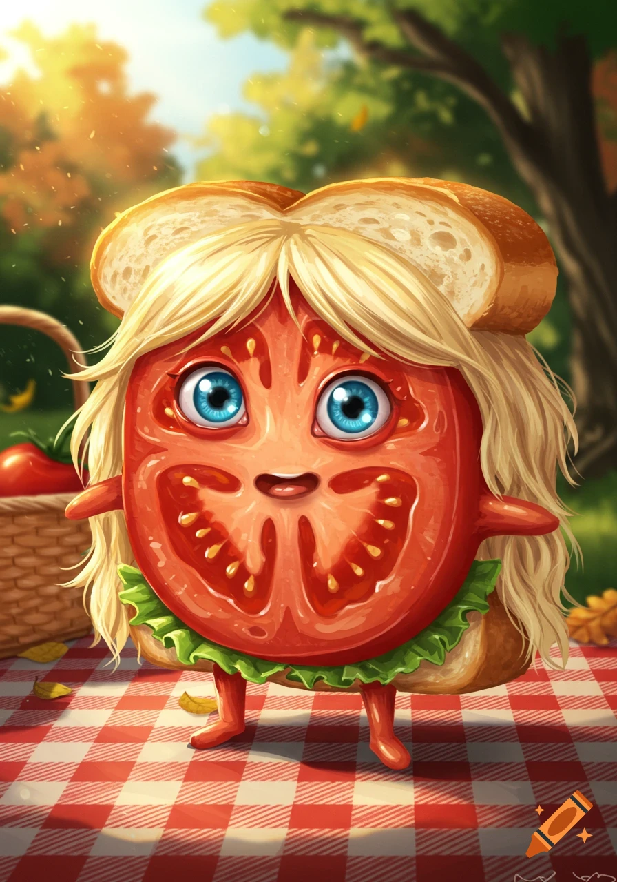 A cute cartoon tomato sandwich with blonde hair and blue eyes stands on a picnic blanket in an autumn park.