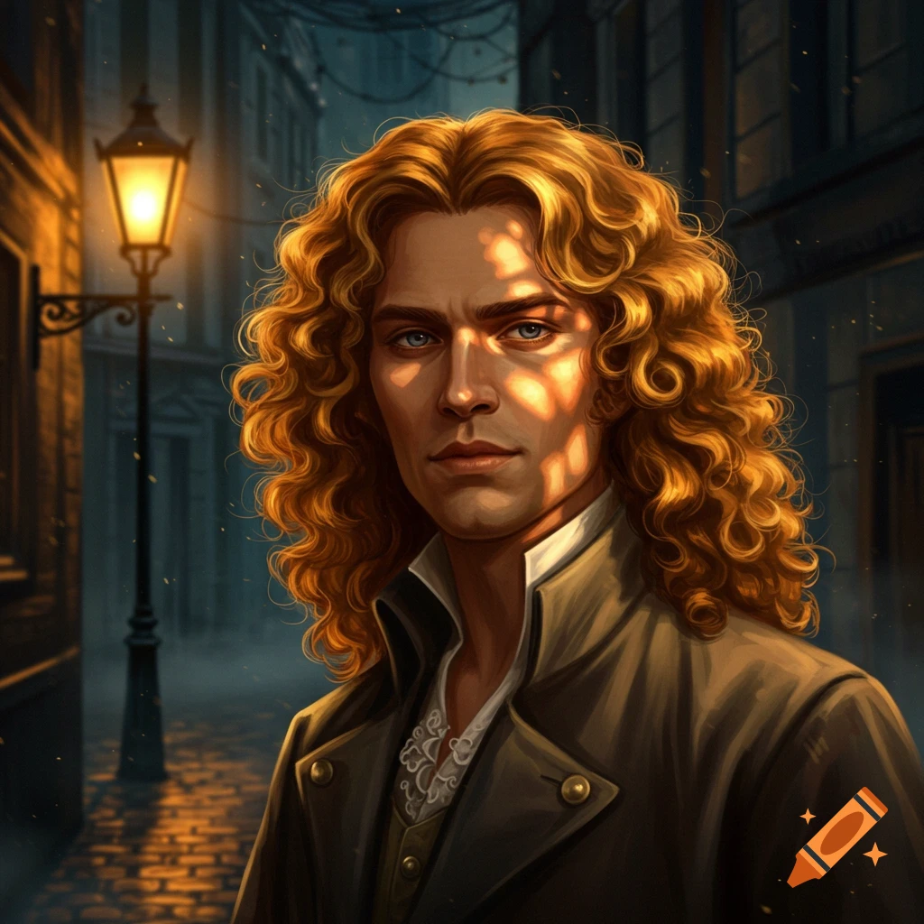 A digital portrait of a man with long, curly blonde hair and blue eyes, illuminated by a lamppost on a cobblestone street at night.