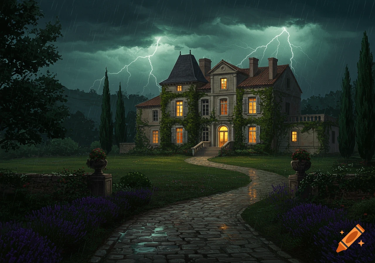 A chateau on a dark, rainy evening with lightning, a wet cobblestone path, and glowing windows.