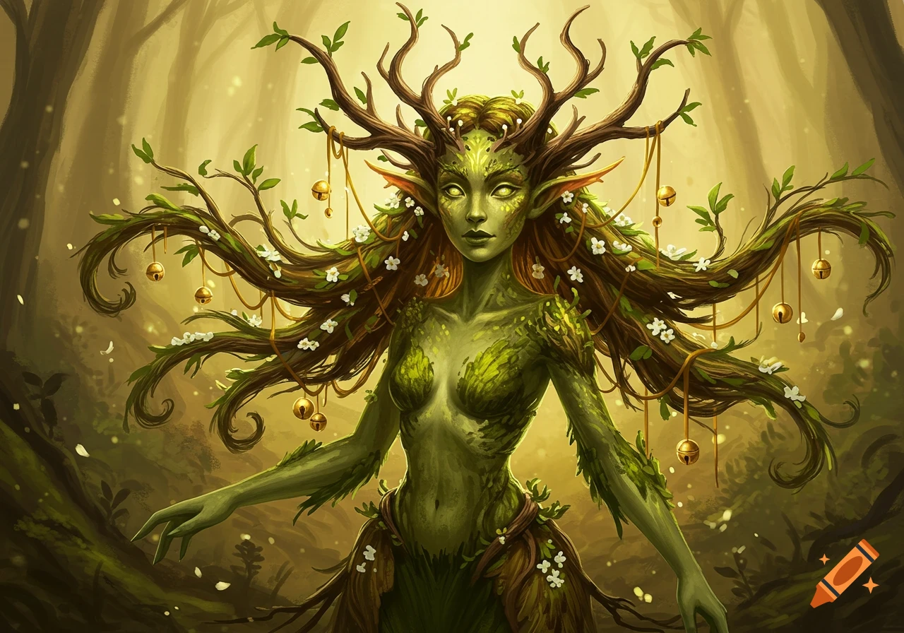 A fantasy forest spirit with green leafy skin, glowing eyes, and hair made of branches, leaves, flowers, and golden bells, in a mystical forest.