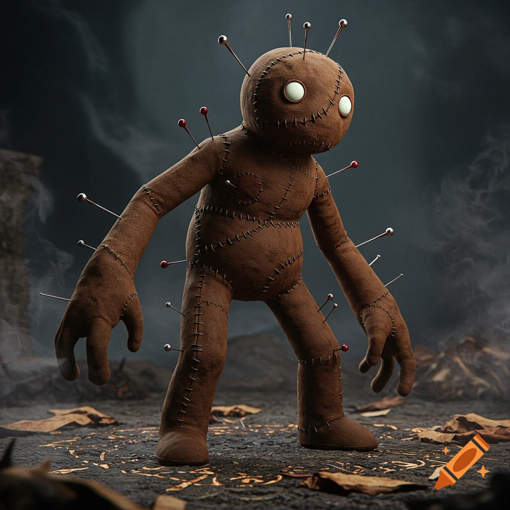 A brown fabric voodoo doll with pins stuck into it stands on a desolate, dark ground under a stormy sky.