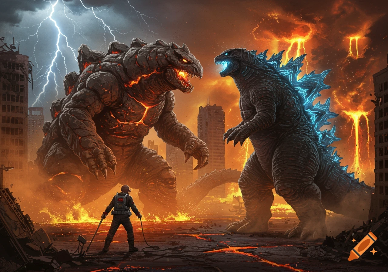 Godzilla battling a lava monster in a ruined city under a stormy sky, with a lone human observing.