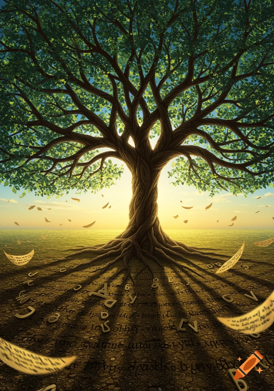 A vibrant tree with roots turning into letters on the ground, and text-filled papers floating under a warm sky. Fantasy illustration.