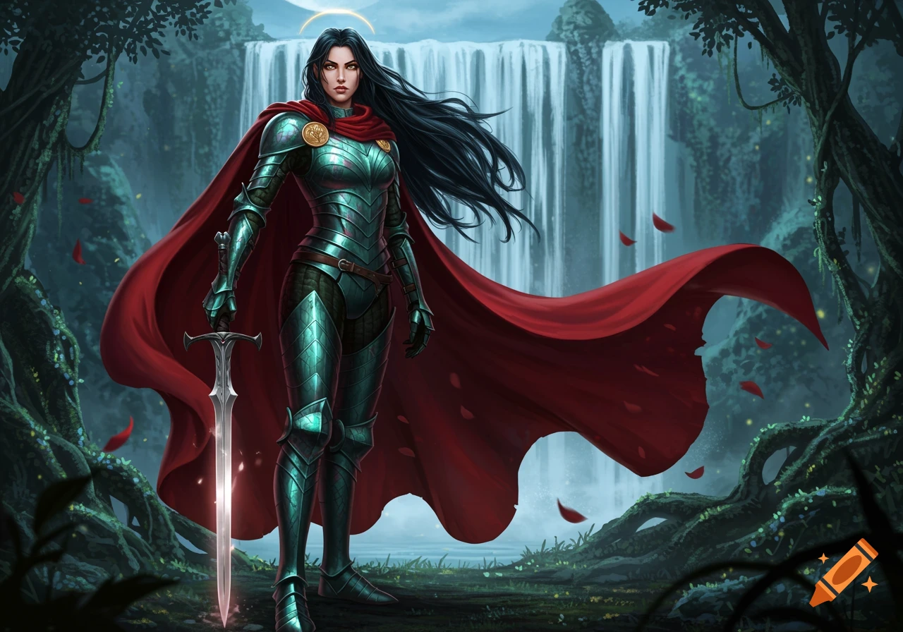 A powerful female warrior with long dark hair, clad in teal armor and a red cape, stands in a lush forest with a waterfall.