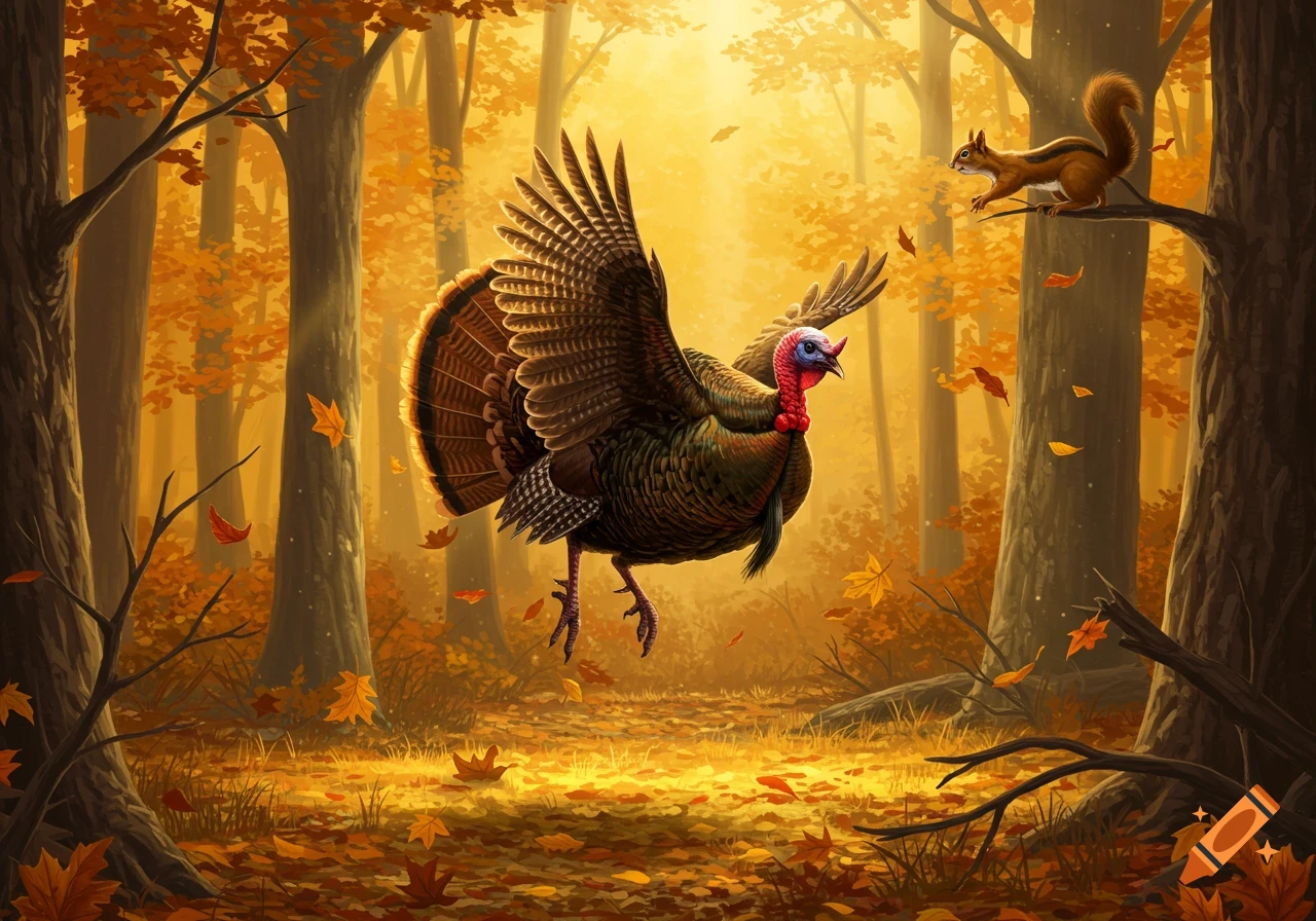 A turkey with outstretched wings flies through a vibrant autumn forest with a squirrel on a tree branch.