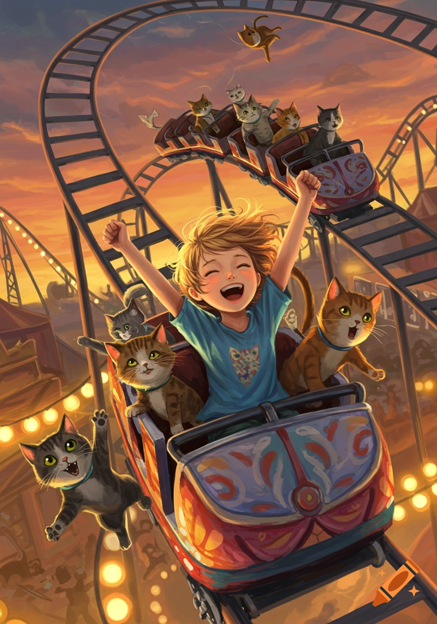 An illustration of a happy girl with short blonde hair riding a roller coaster with several cats at sunset in an amusement park.