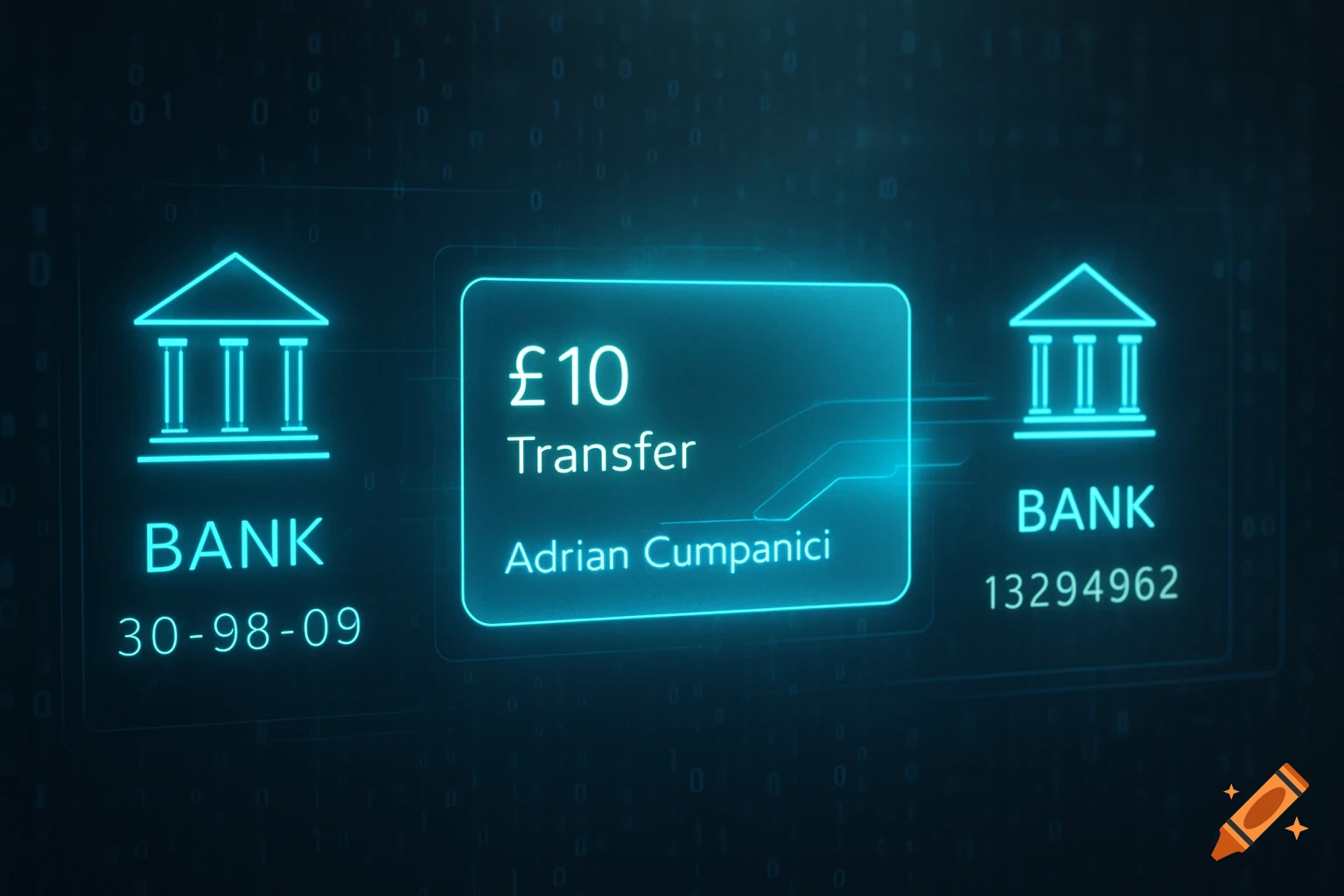 A digital interface displays a £10 bank transfer, showing sender and recipient account details between two banks.