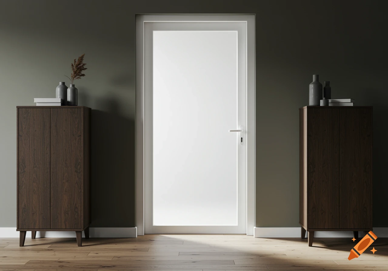 Two dark oak cupboards flank a modern white door in a room with dark green walls and wooden floors.