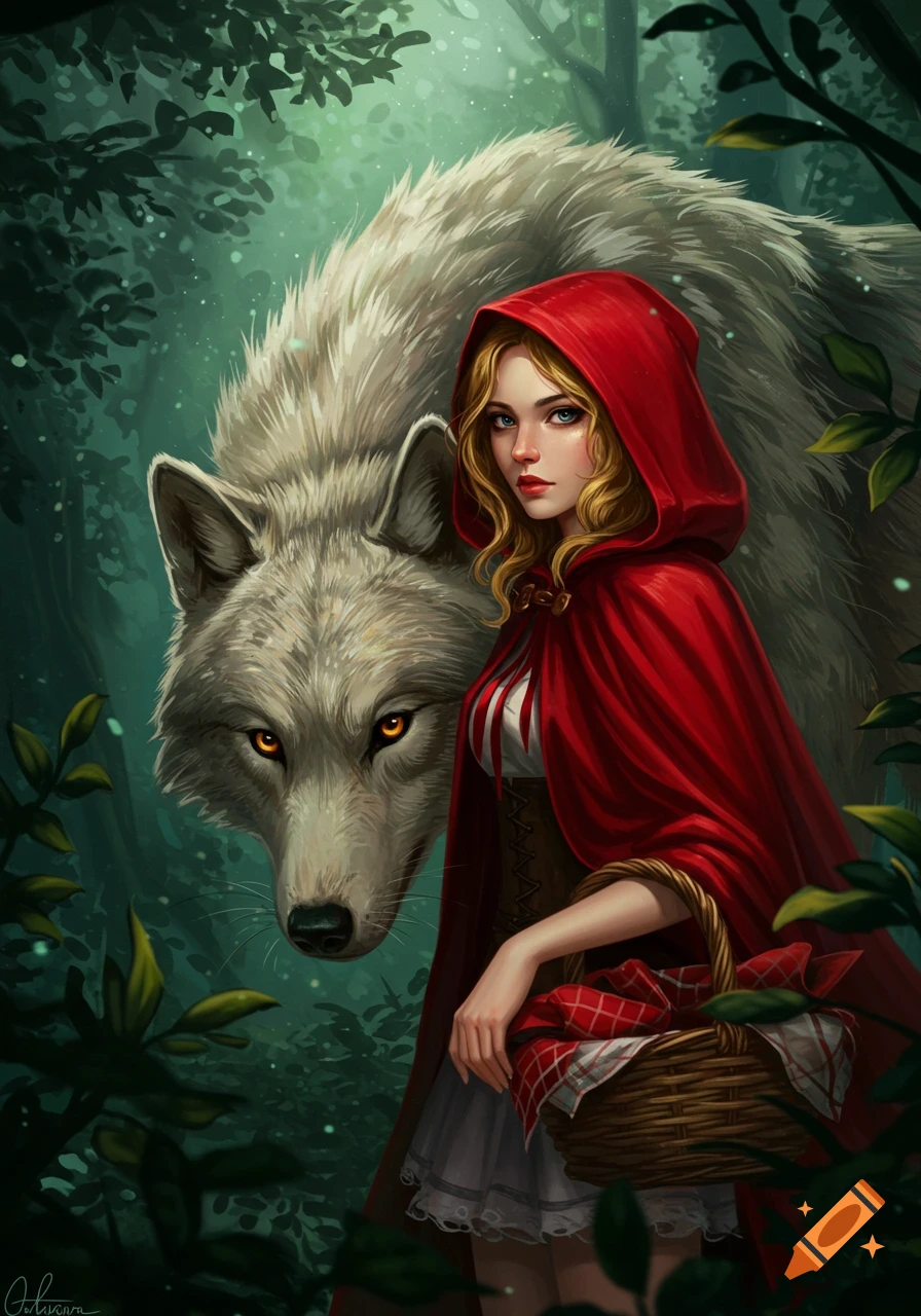 Fantasy illustration of Little Red Riding Hood with a white wolf whose fur is her red cape, in a dark forest.