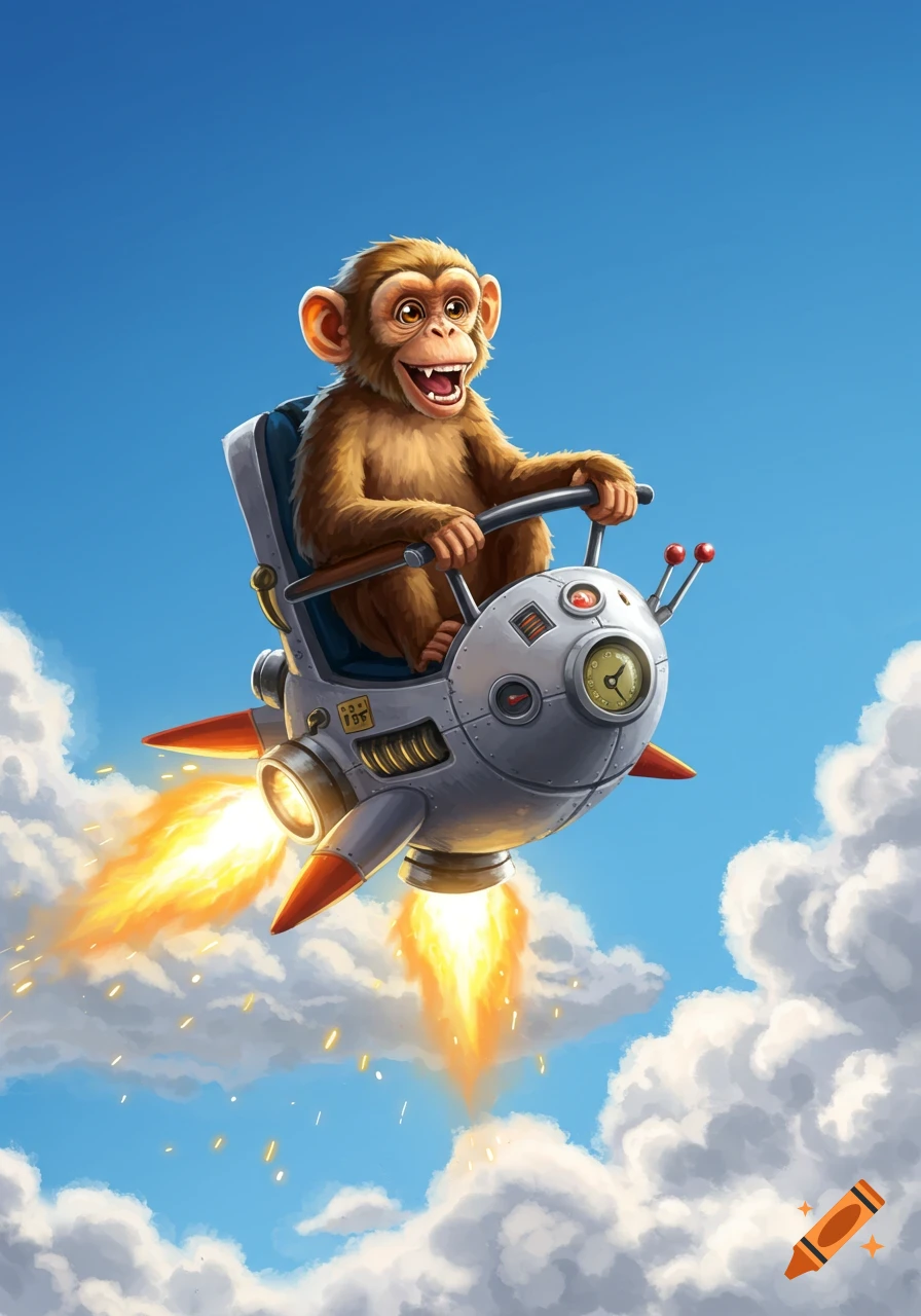 A happy cartoon monkey flying through a blue sky on a gray rocket-powered chair, with fiery exhaust.