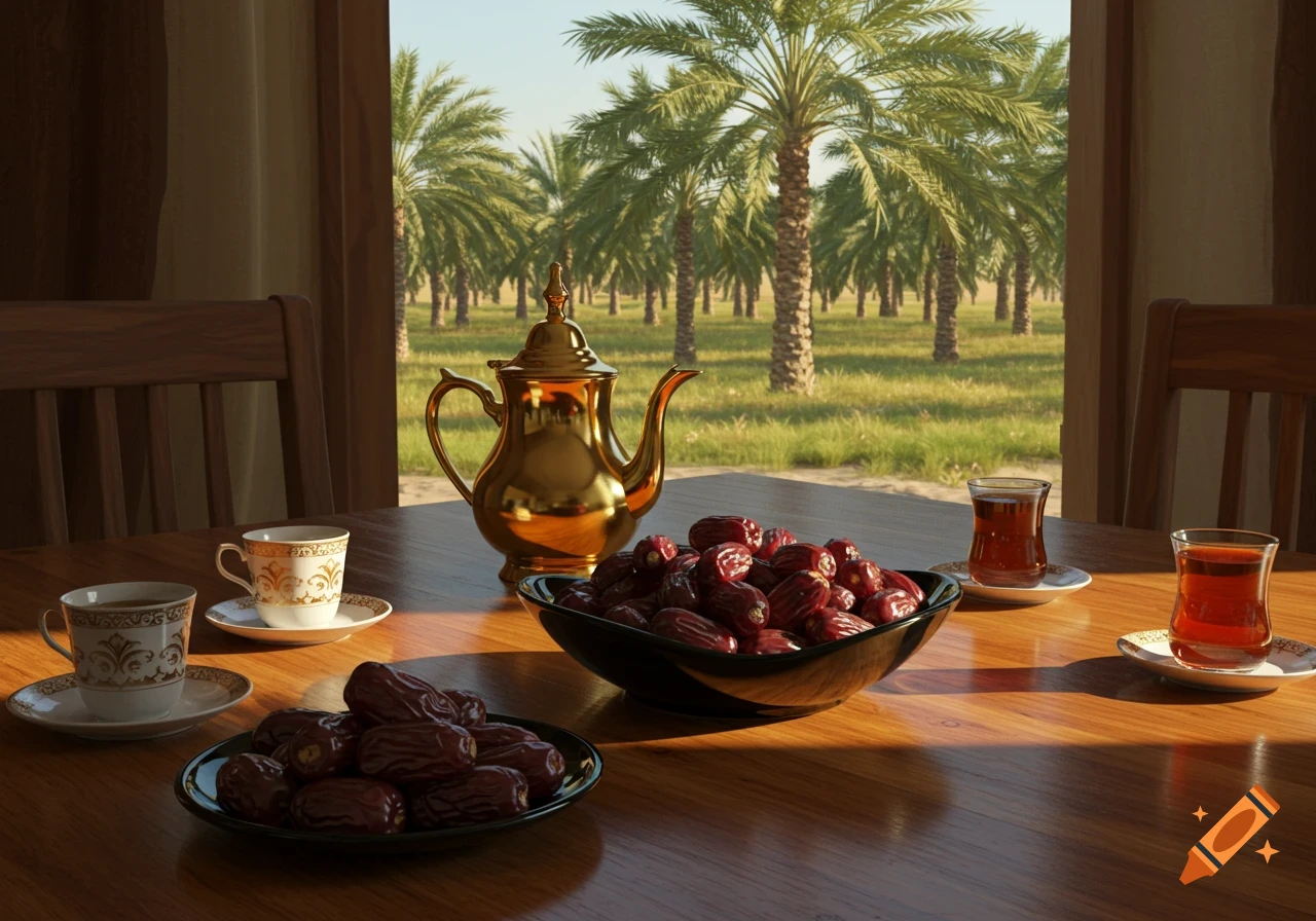 A table set with a golden teapot, plates of dates, and tea glasses in front of a window overlooking a date palm orchard.