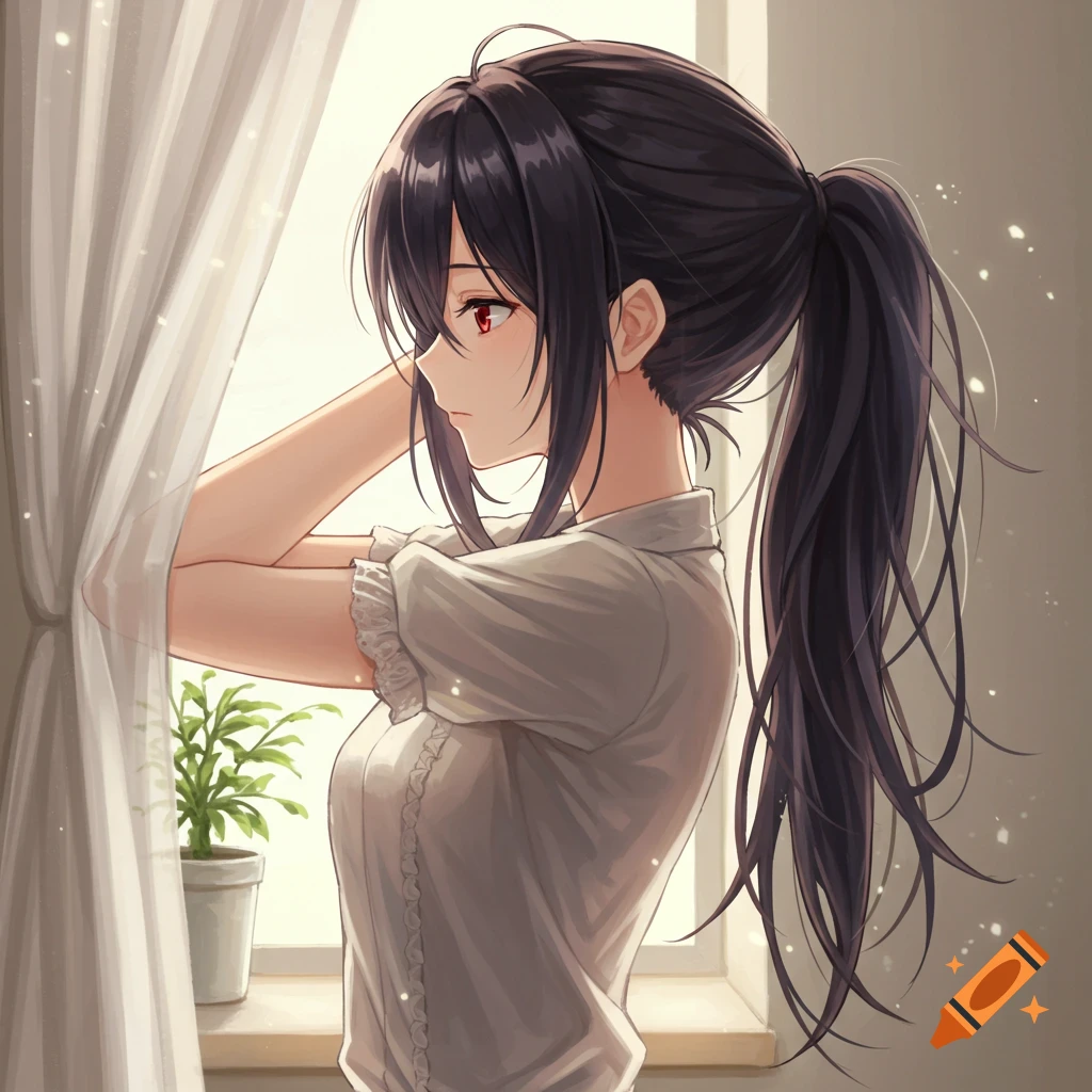 Anime girl with dark hair in a ponytail standing by a sunlit window, with a plant on the sill.