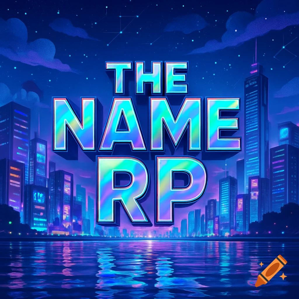 A vibrant neon cityscape at night with tall buildings reflected in the water, featuring large glowing text "THE NAME RP" under a starry sky.