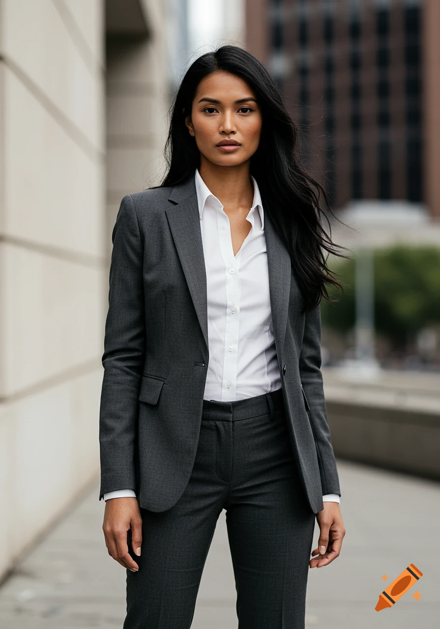 A photorealistic portrait of a woman with long black hair wearing a gray business suit, standing in an urban setting.