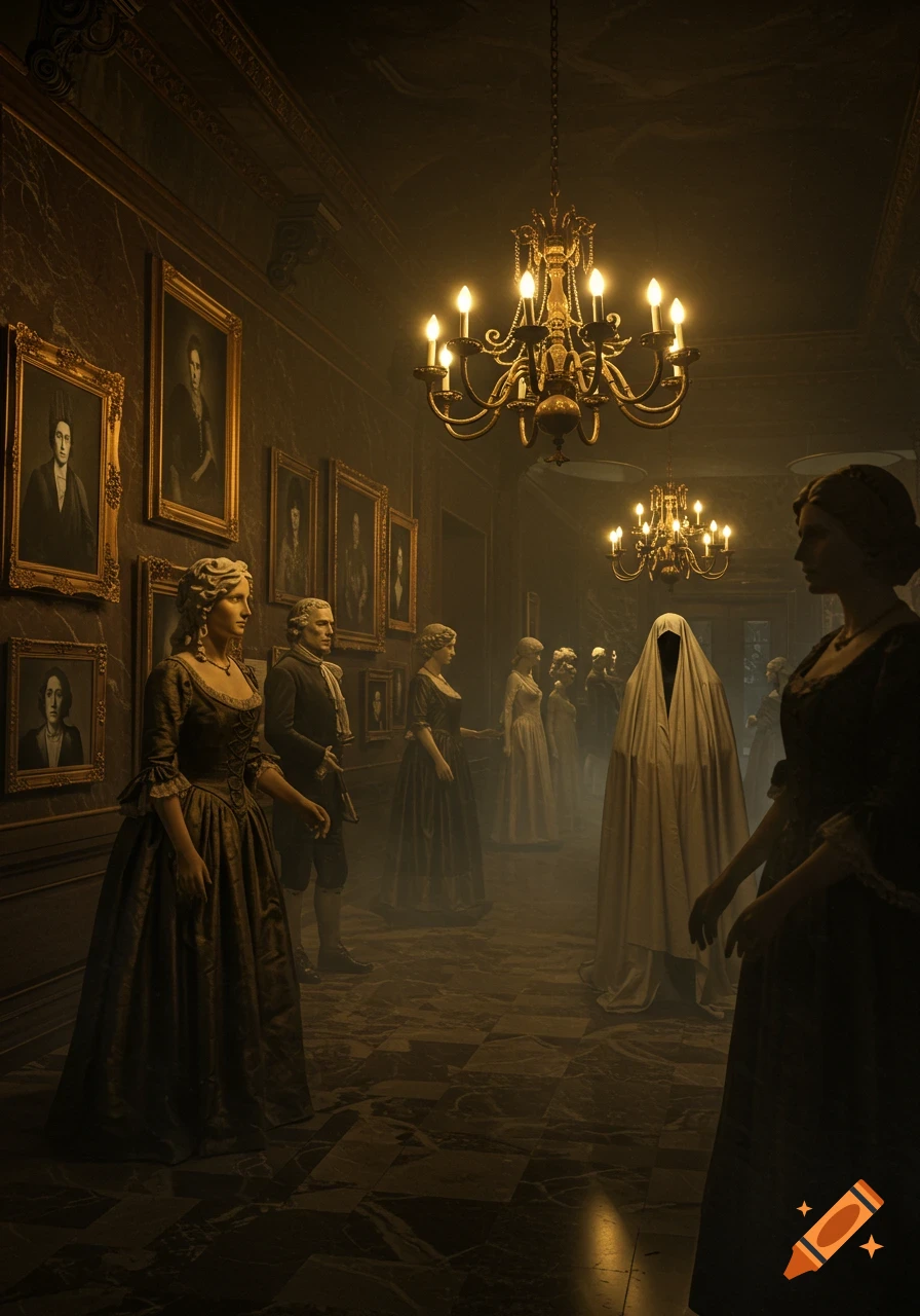 A dimly lit hallway in a museum with historical wax figures, framed portraits, and chandeliers.