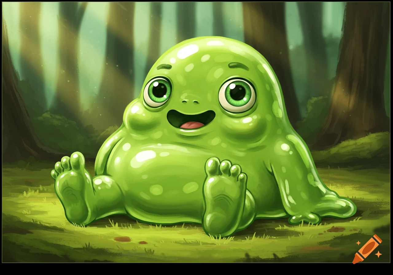 A cute, shiny green blob creature with big eyes and a wide smile sits in a lush green forest, cartoon style.