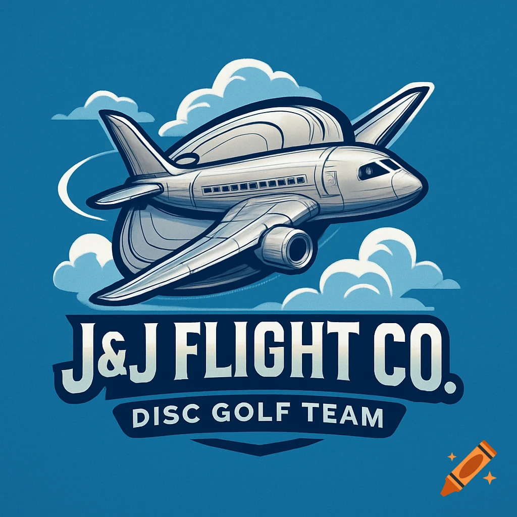 A stylized logo featuring a silver airplane flying above a disc shape, with text 'J&J FLIGHT CO.' and 'DISC GOLF TEAM' on a blue background with clouds.