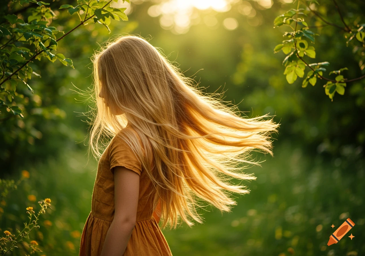A young girl with long blonde hair blowing in the wind, backlit by golden sunlight in a lush green natural setting.