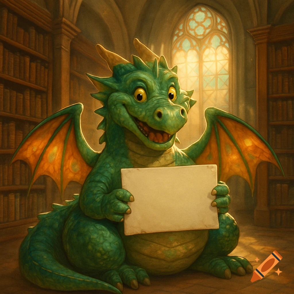 A happy green cartoon dragon sitting in a library and holding a blank white sign.