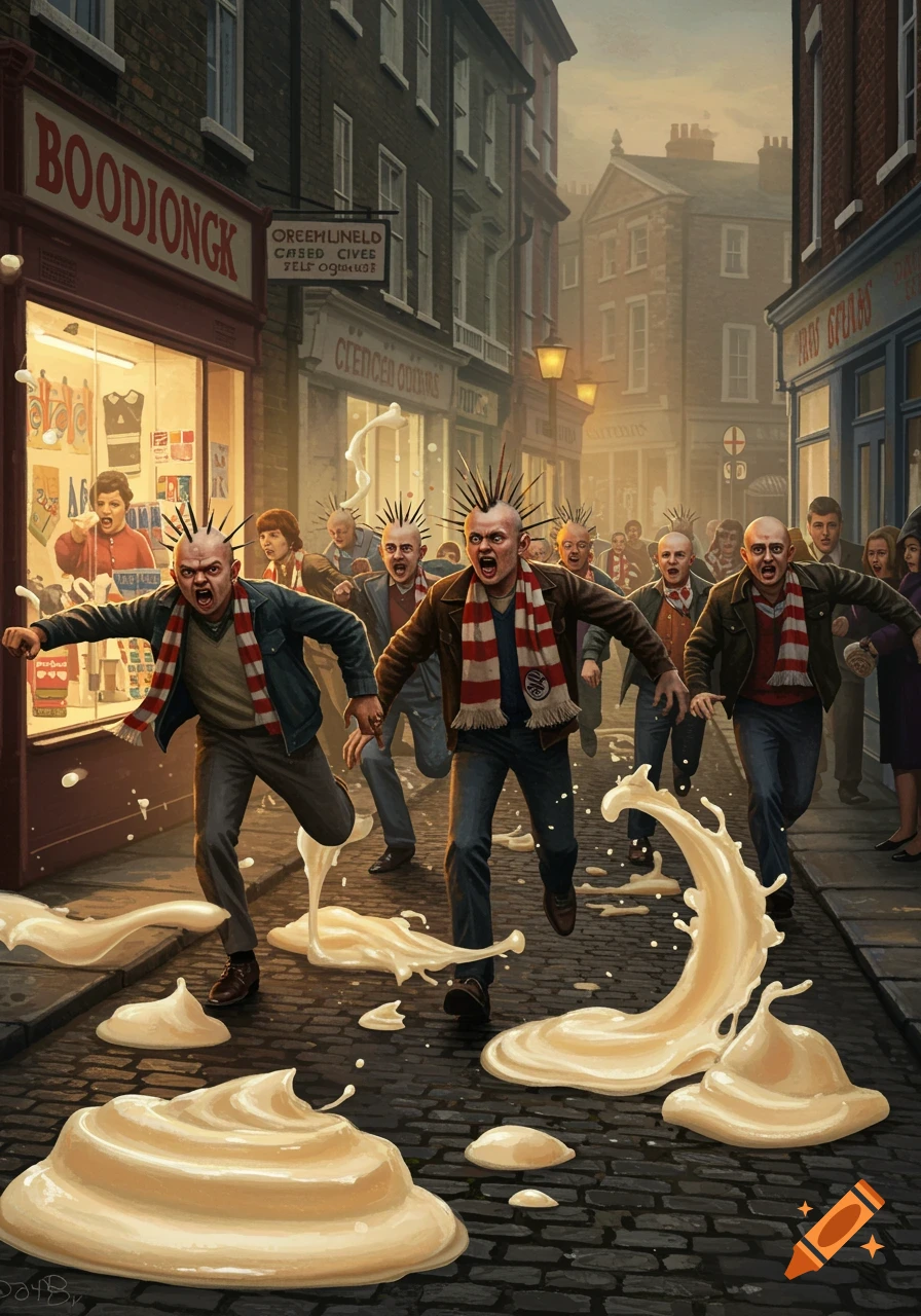 1970s British football hooligans with mohawks run down a city street, splashing through rice pudding, as shoppers watch.