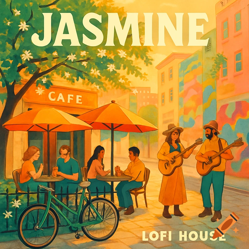 A vibrant, painterly album cover illustration depicting a street scene with a cafe, musicians, and people, with 'JASMINE' and 'LOFI HOUSE' text.