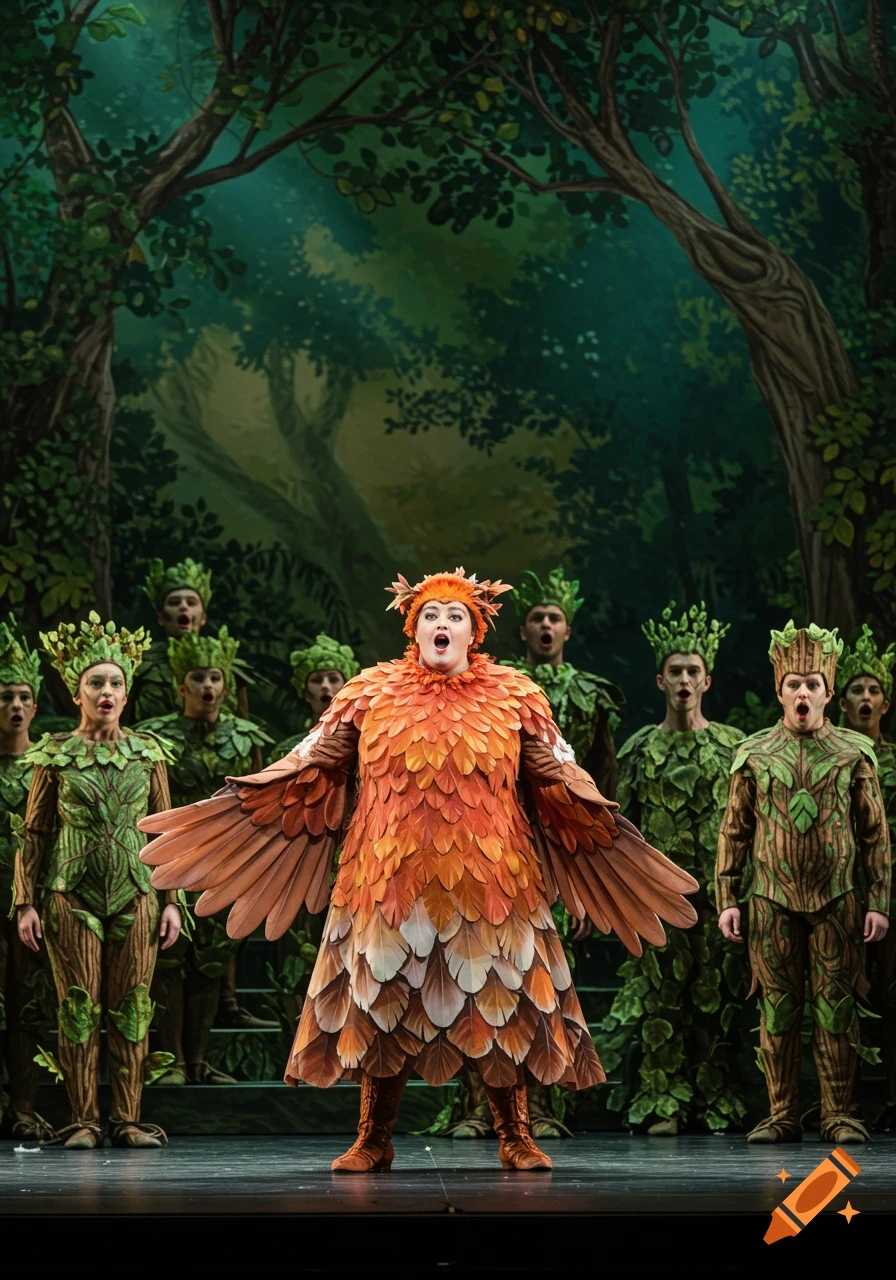 An opera singer in a vibrant bird costume on stage, surrounded by a chorus dressed in tree and leaf costumes against a forest backdrop.