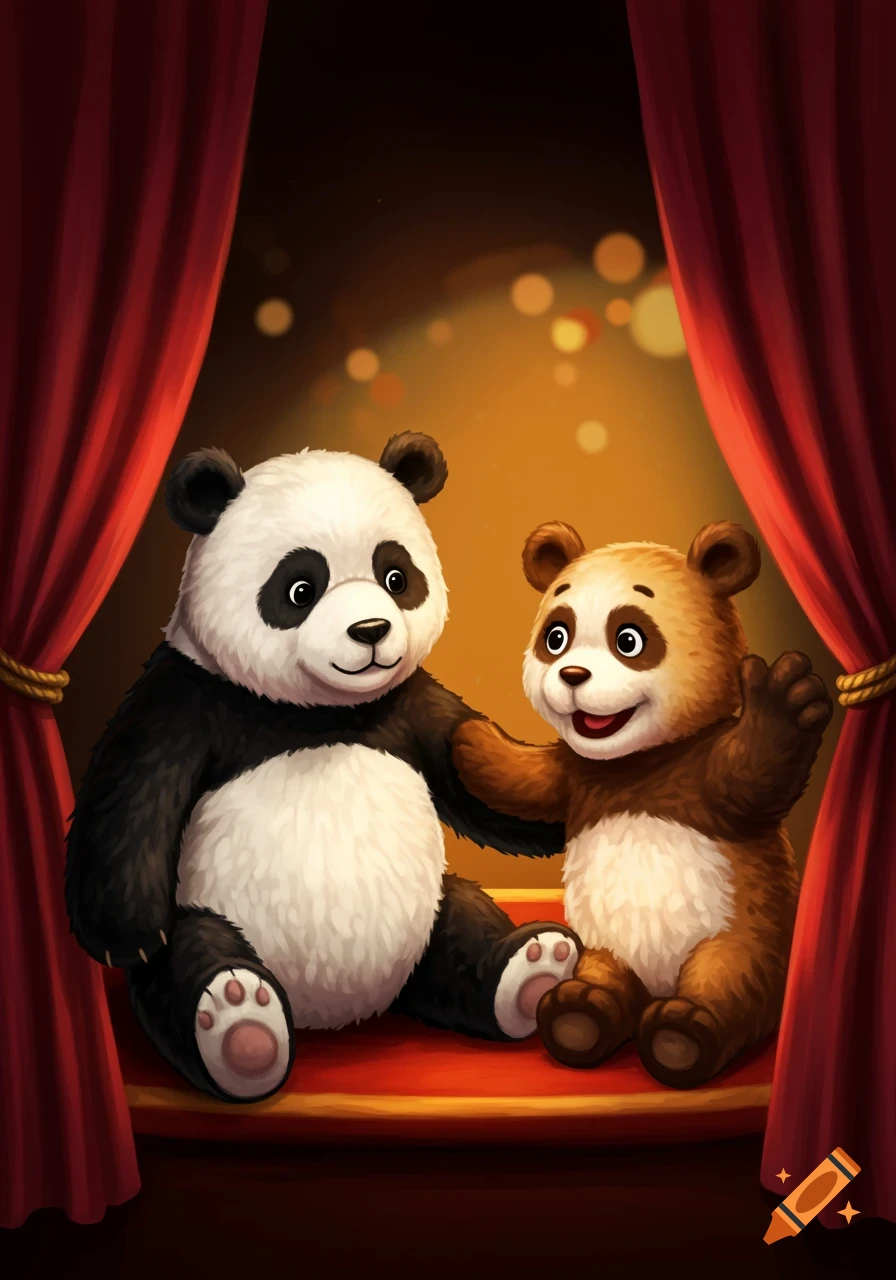 A charming cartoon illustration of a black and white panda and a brown bear cub sitting on a red stage with red curtains.