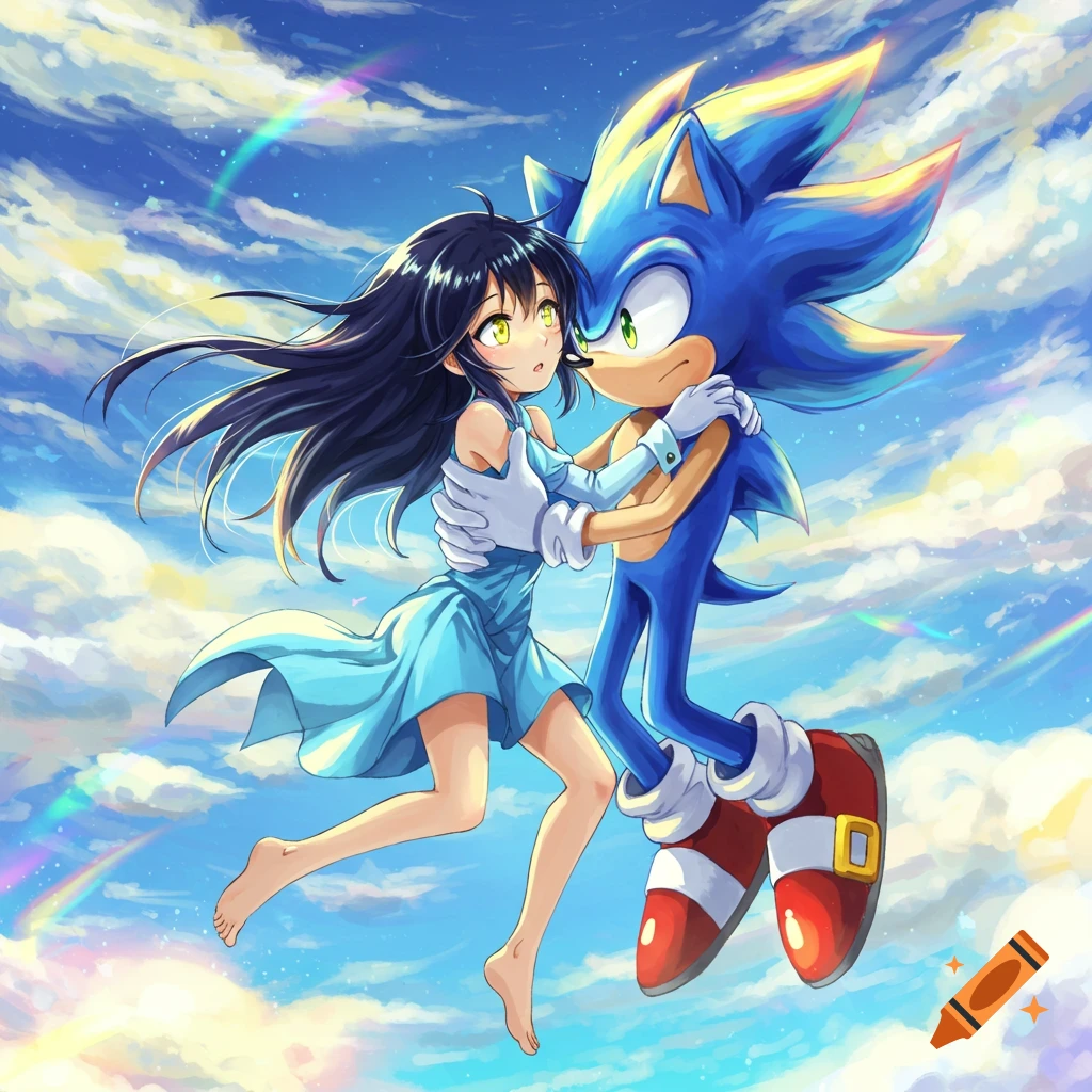 Anime illustration of Hyper Sonic carrying a black-haired girl in a light blue dress as they fly through a cloudy, rainbow sky.