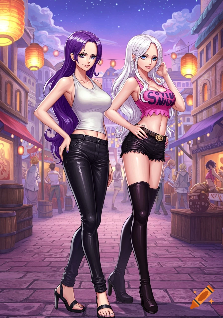 Two anime-style women, one with long purple hair in a white halter top and black leather pants, and another with long white hair in a pink tank top and black mini shorts with thigh-high boots, stand in a vibrant, moonlit market street.